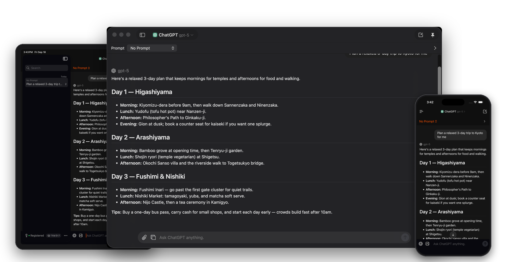 An AreaViz conversation shown on Mac, iPad, and iPhone in dark mode