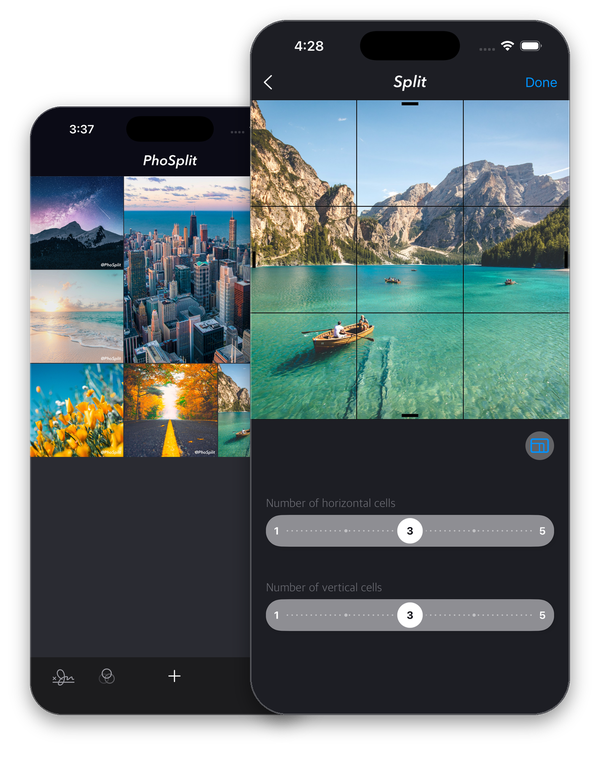 PhoSplit turning a mountain lake photo into a 3 by 3 grid on iPhone.