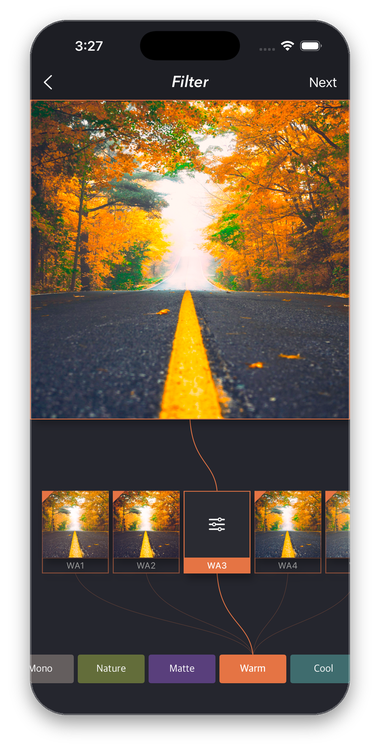 PhoSplit applying a Warm filter to an autumn road photo