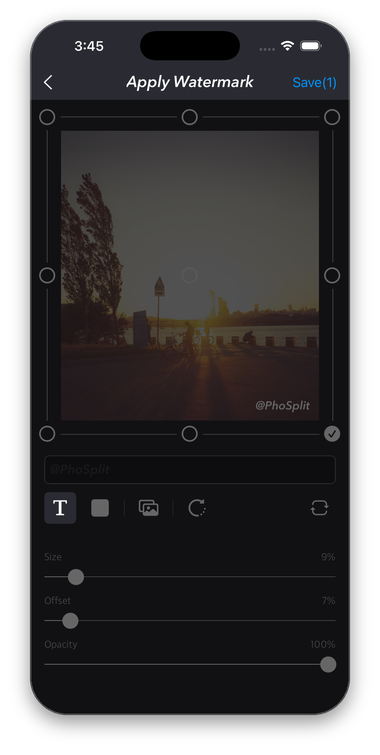PhoSplit placing a text watermark on a photo with size, offset, and opacity controls